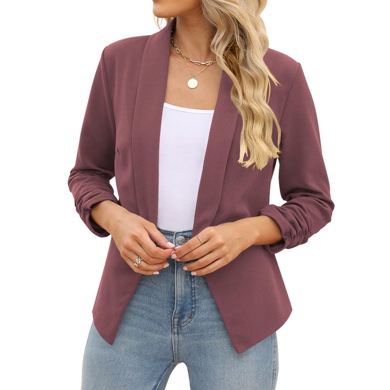 POGTMM Ladies Blazers and Jackets Office 3 4 Sleeve Ruched Fitted Work Suit Jackets (Red Bean Grey, M) - Image 2